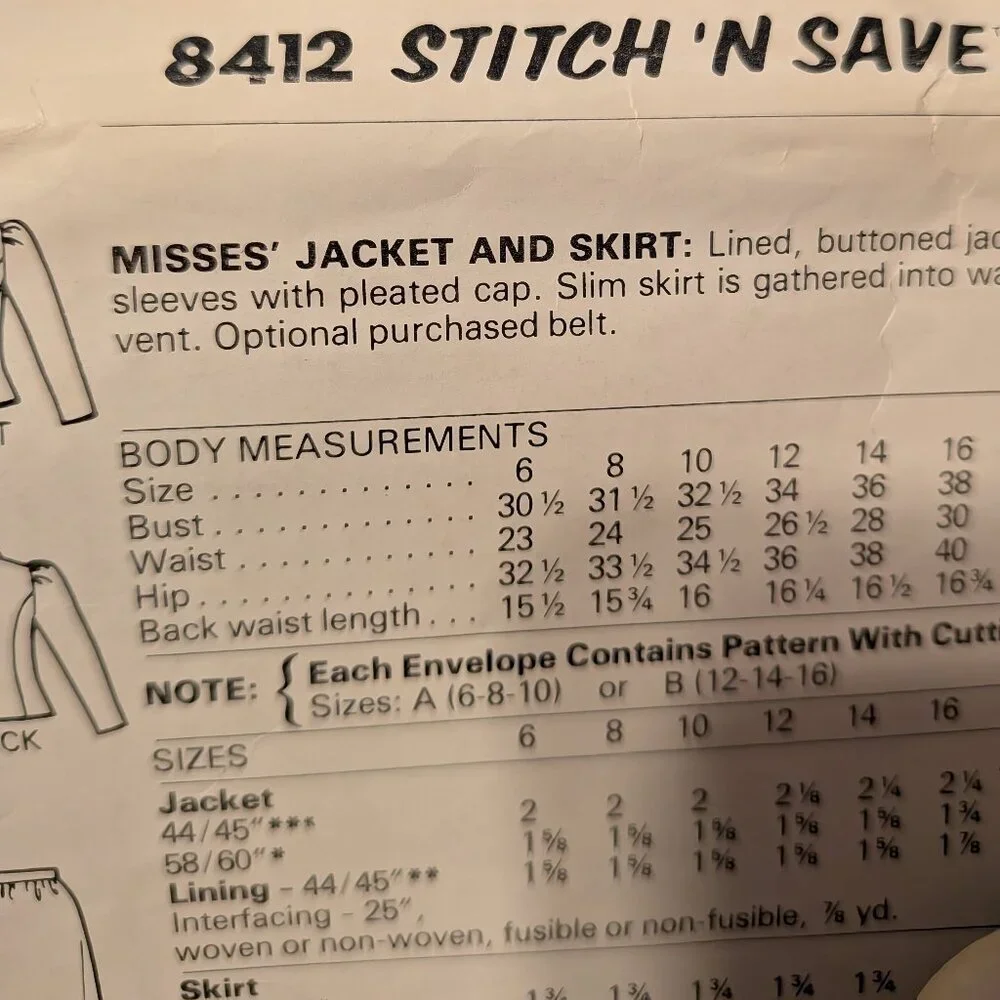 McCall's 8412 Jacket & Skirt sewing pattern UNCUT 6-10
